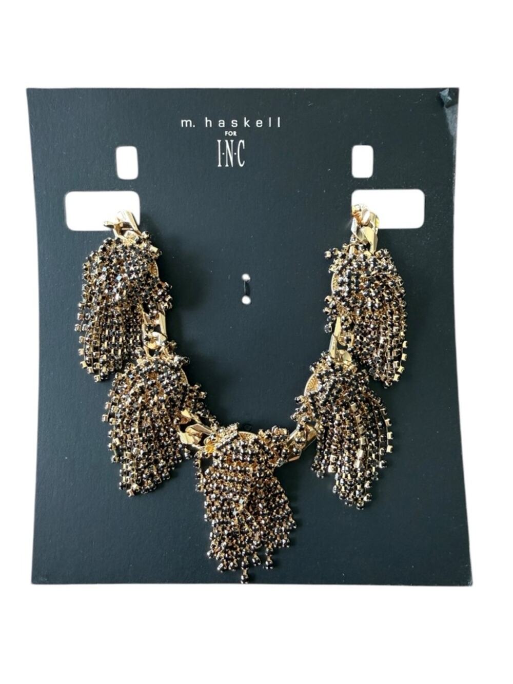 M Haskell for INC Statement Necklace Black Rhinestone Fringe Gold Tone 20in NWT